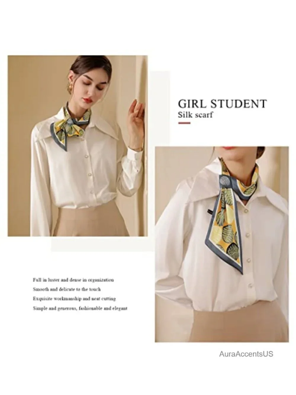 LumiSyne Skinny Silk Scarf Pull-Through Floral Leaf Pattern Long Neckerchief
